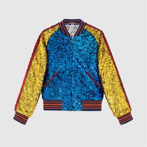 gucci sequin embellished bomber jacket|Gucci men's denim trucker jacket.